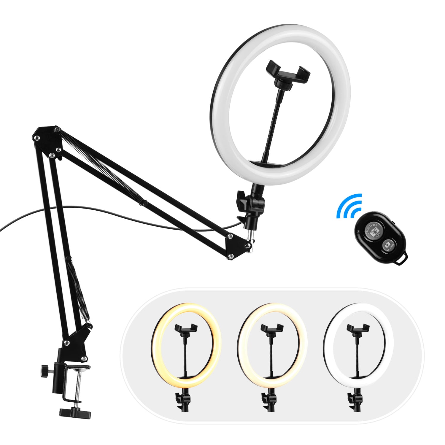 3 Docooler 10inch Ring Light with Boom Stand and Phone Holder and Phone Remote 