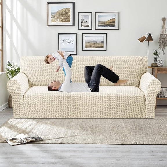 Stretch Couch Cover Sofa Covers for 3 Cushion Couch (71"-91" Washable Sofa Slipcovers with Non-Slip Foam & Elastic Strap, Dog Cat Pet Friendly Furniture Protector (Large, Beige)