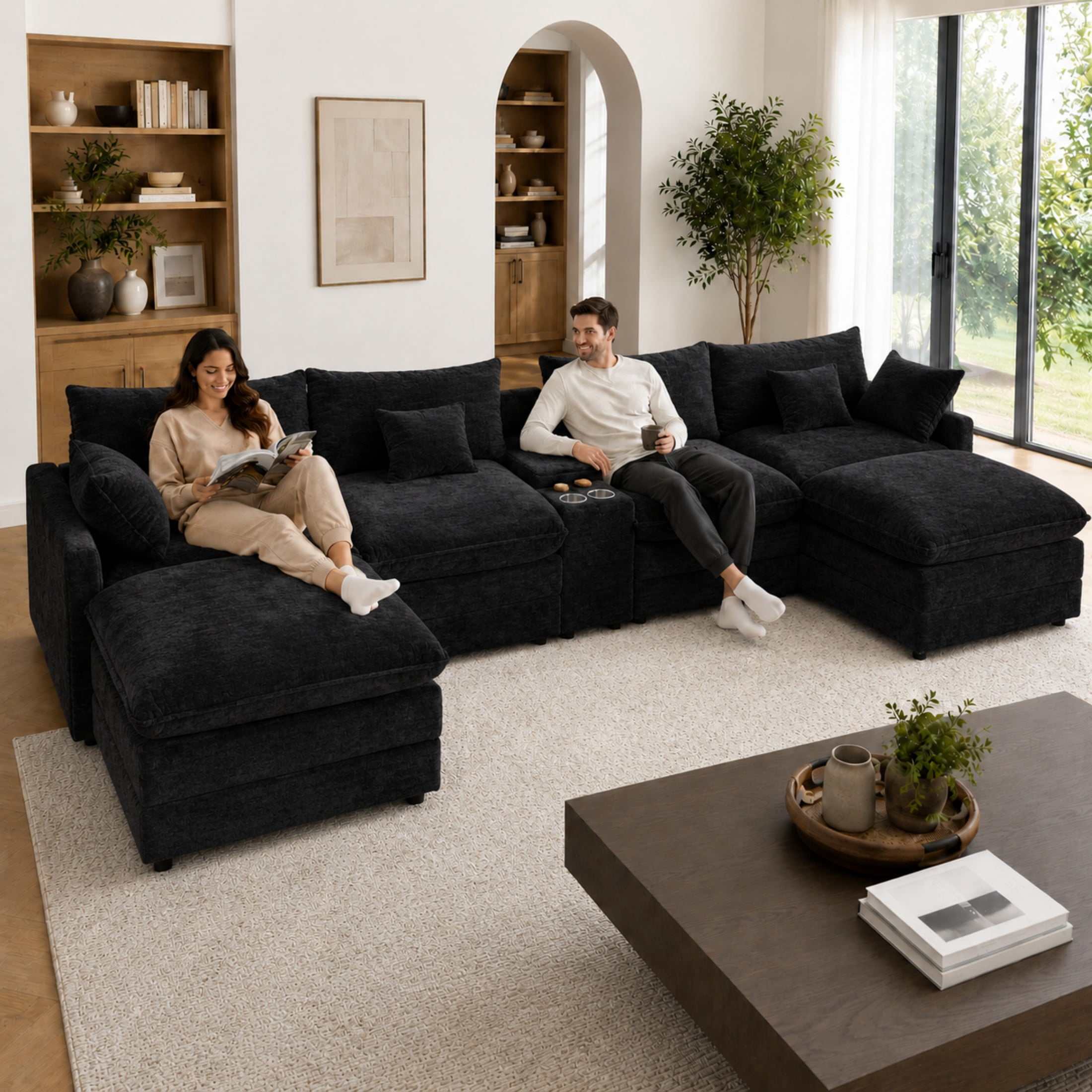 Aenkyo 141-Inch U-Shaped Chenille Cloud Sectional Sofa with Console, Black