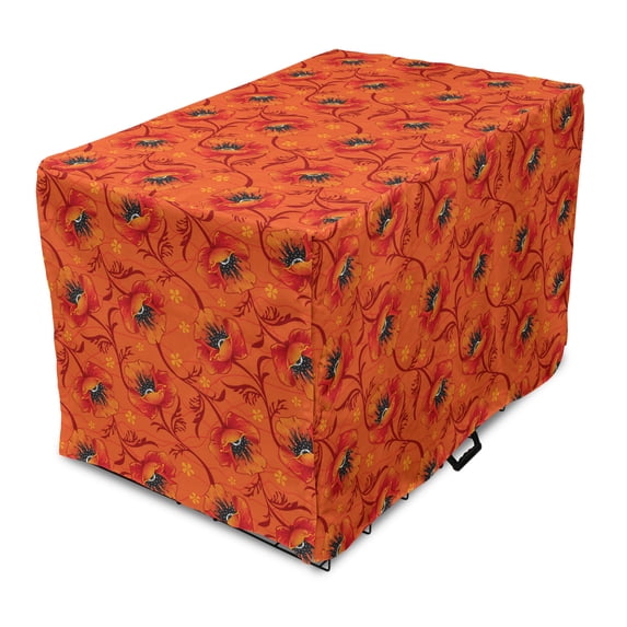 Orange Dog Crate Cover, Poppy Flower Series Blossoms Romance Bohemian Design Print, Easy to Use Pet Kennel Cover Small Dogs Puppies Kittens, 7 Sizes, Burnt Orange Yellow, by Ambesonne