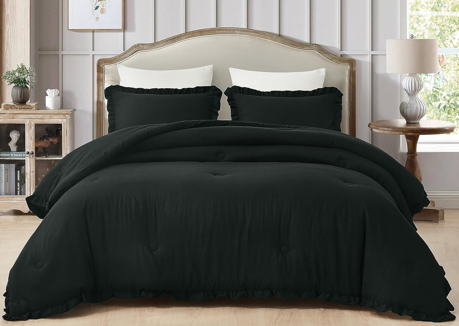 Chezmoi Collection Nora 3-Piece Black Ruffled Edge Trim Microfiber Comforter Set, Oversized King Size