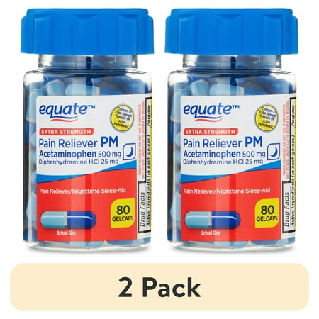 (2 pack) Equate Extra Strength Pain Reliever PM Caplets, Acetaminophen 500 mg, Diphenhydramine HCL 25 mg, 80 Count
