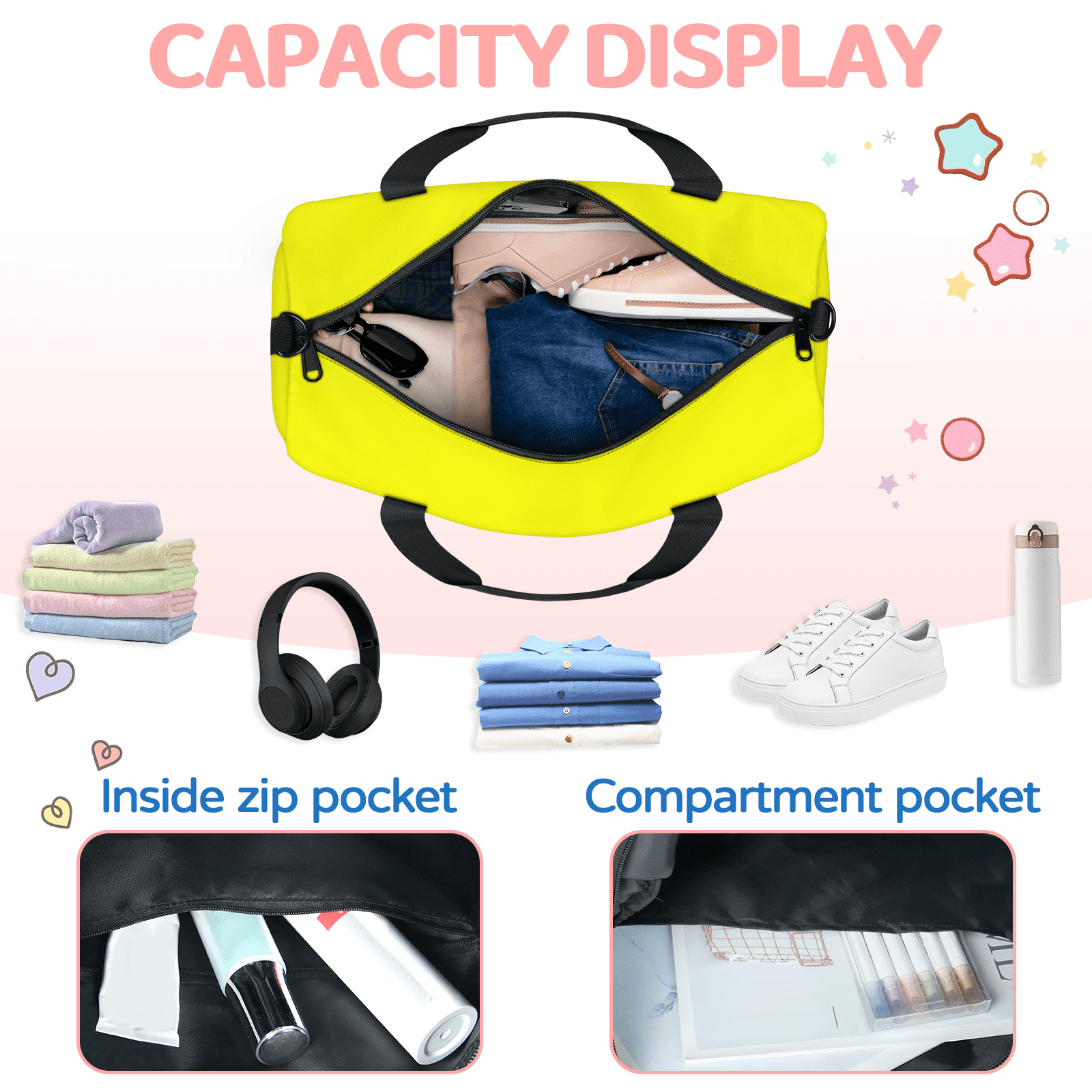 Herdesigns Light Yellow Travel Duffle Bag Sports Yoga Weekender Overnight Carry on Workout Bags Lightweight Waterproof Gym Tote Bag for Women