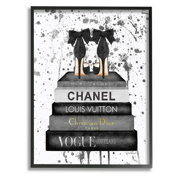 The Stupell Home Decor Collection Glam Fashion Book Stack Grey Bow Pump Heels Ink Oversized Framed Giclee Texturized Art