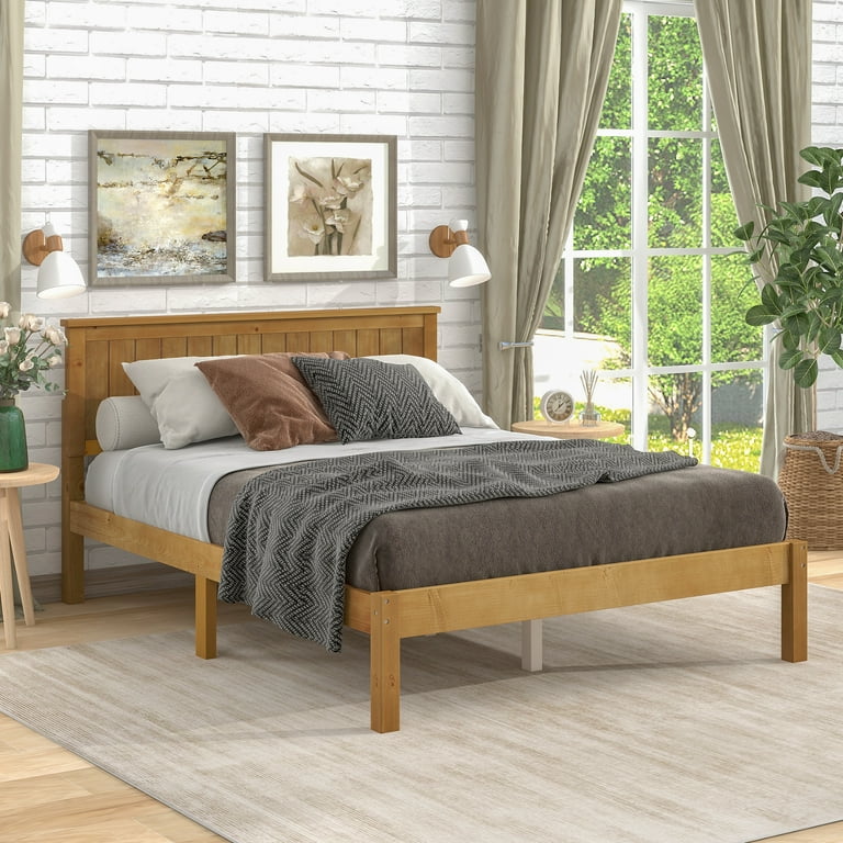 uhomepro Deluxe Wood Platform Bed with Headboard Pine Wood Full