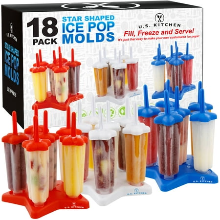 Jumbo Set of 18 Star Shaped Ice Pop Molds - Sets of 6 Red, 6 White & 6 Blue - Reusable USA Colored Ice Pop
