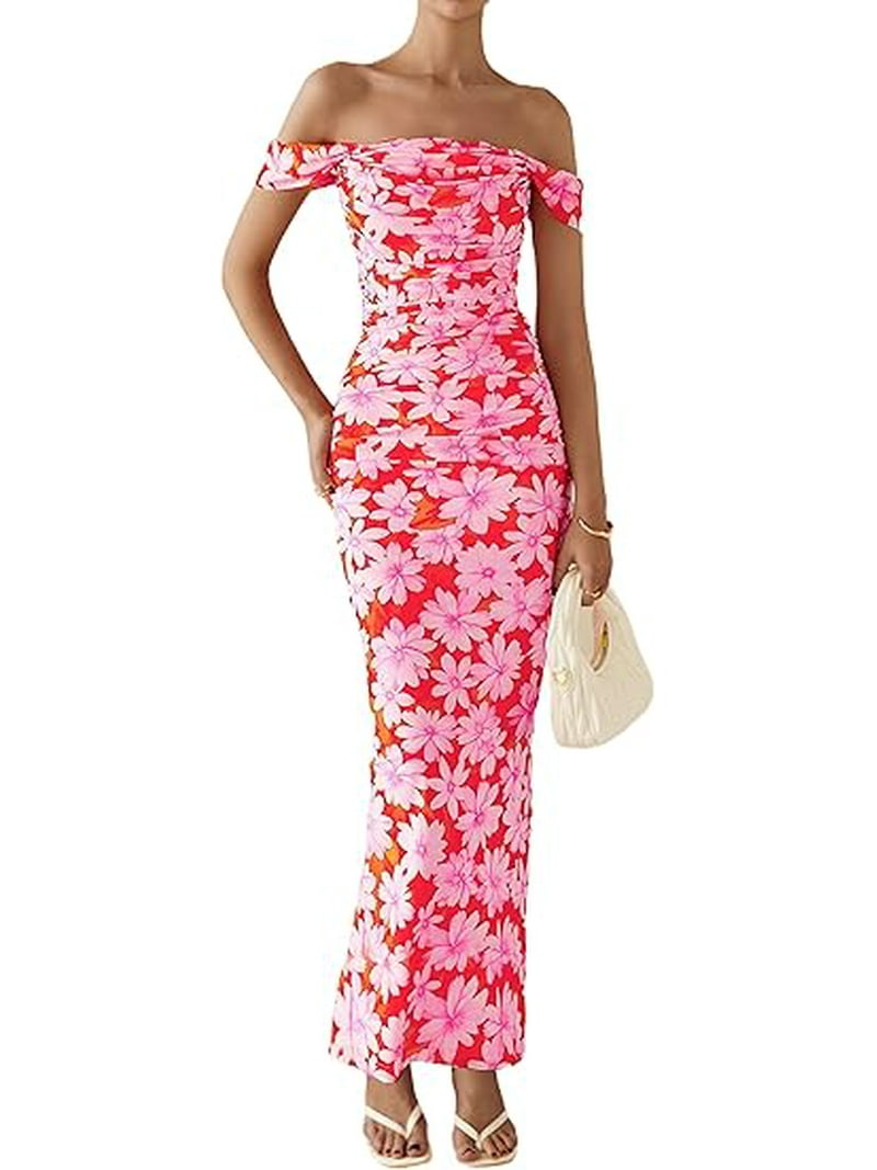 PRETTYGARDEN Women's Floral Bodycon Maxi Dress - Off Shoulder Ruched  Cocktail Party Dress Formal Wedding Guest Dress