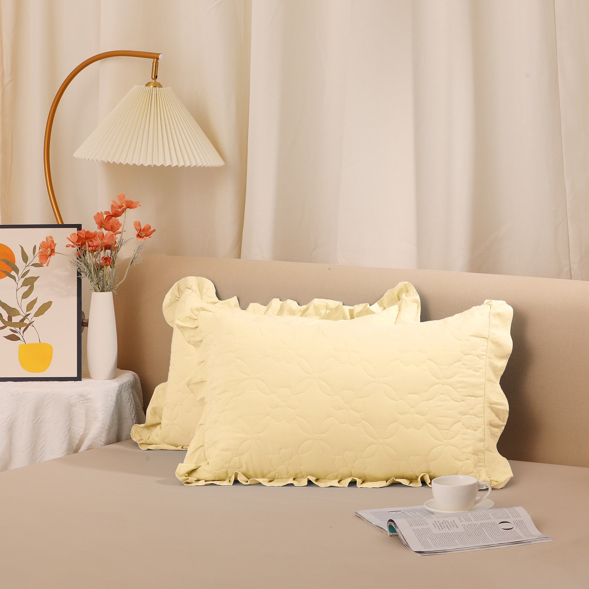 Unique Bargains 2Pcs Single Layer Wide Ruffles Envelope Closure Pillow Shams Yellow Queen