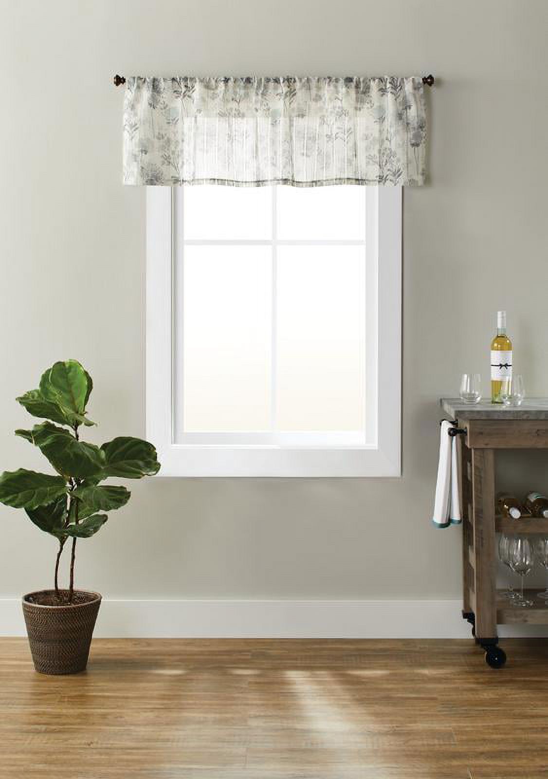 Better Homes & Gardens Tranquil Floral Light Filtering Rod Pocket Kitchen Curtain Tier and Valance Set, 3-Piece, Gray, 56 x 36