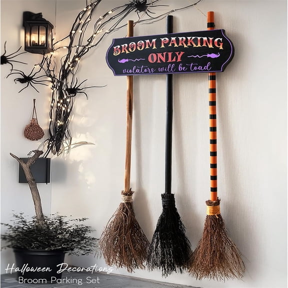 Halloween Decor - Broom Parking Sign with 3 Wooden Witches Brooms - Cute Front Porch Wall Decor for Indoor Outdoor Home Office Party Decoration