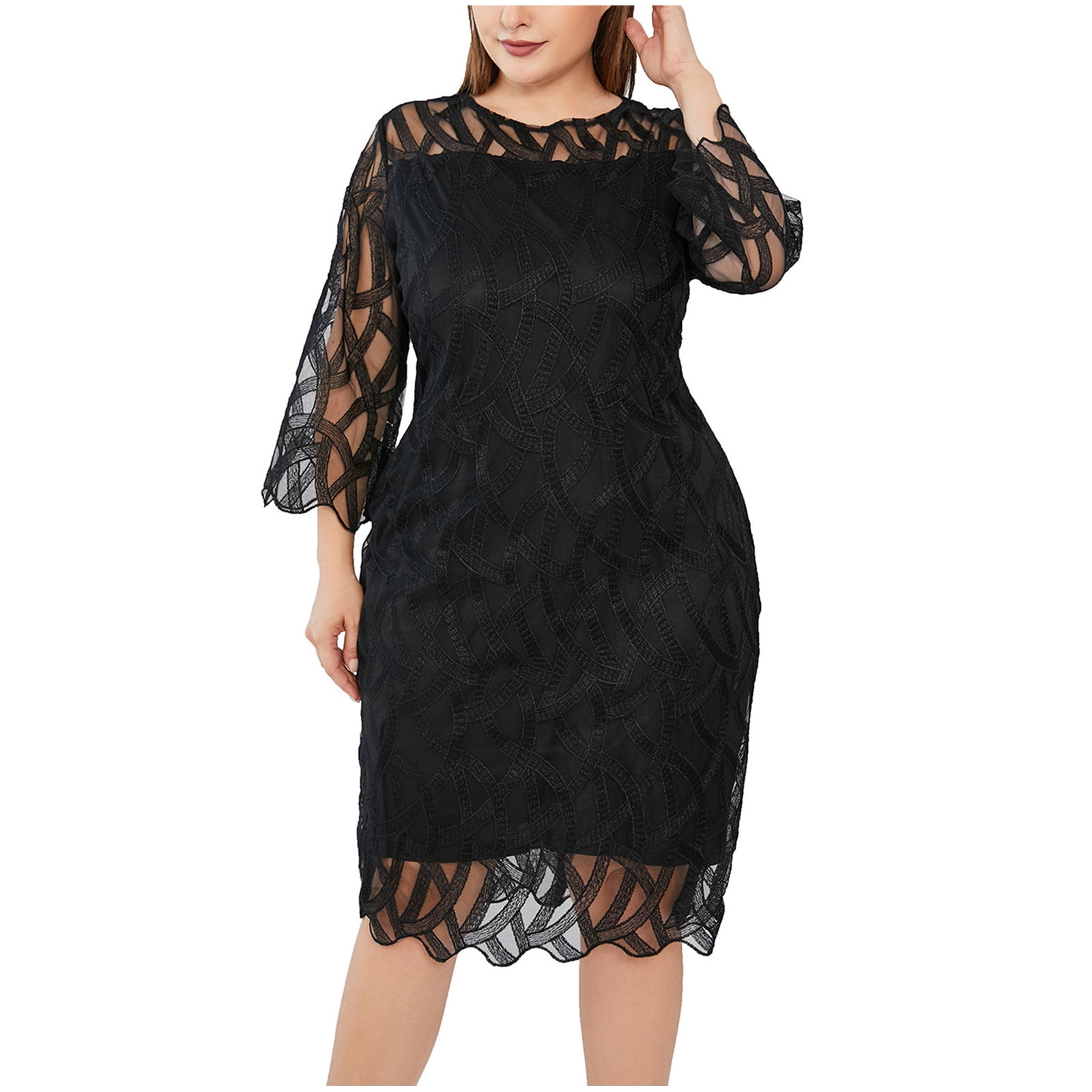 DPTALR Women Plus Size Long Sleeve Solid Splicing Perspective Sequin Dress