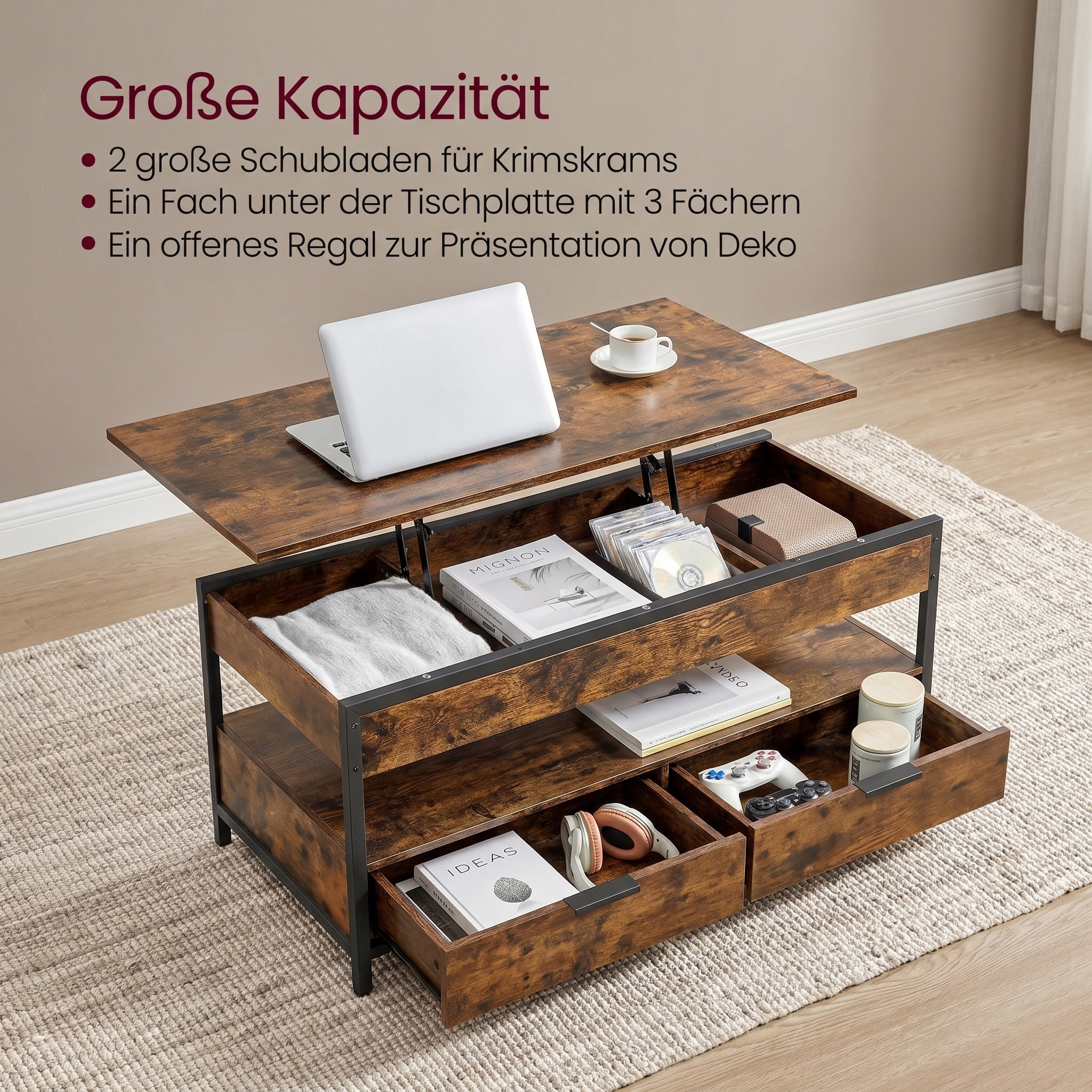 Nordic Hygge 40" Height-Adjustable Living Room Center Table with 2 Storage Drawers and Open Compartment, Vintage Brown Ink Black