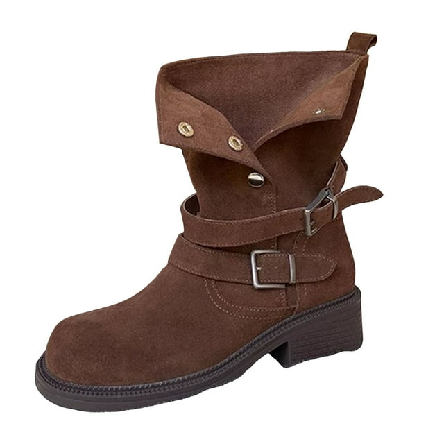 Bottes Mi-Mollet pour Femmes à Plateforme, Bout Rond, Talon Bas, Bottes d'Équitation, Mode, à Boucle, Habillées, Automne Hiver, Bottillons