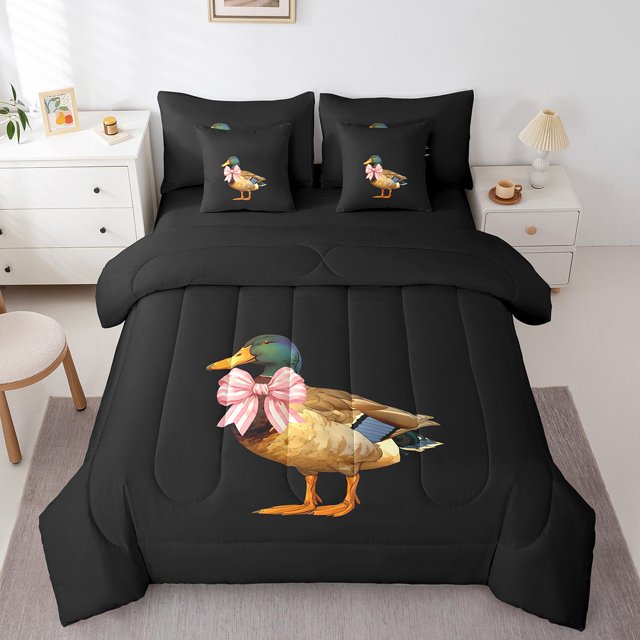 Erosebridal Cartoon Duck Bedding Full Size, Pink Bowknot Bedding Sets Full Size, Animal Bedroom Decor, Reversible 7 Pieces