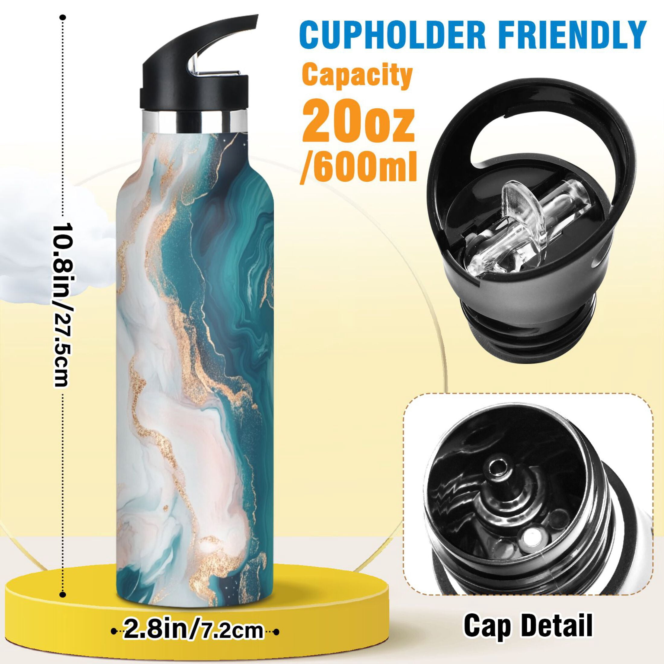 Kids Insulated Stainless Steel Sports Water Bottle 600ml (20oz) Abstract Marble Pattern