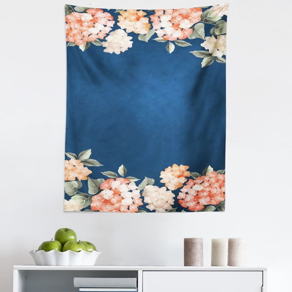 Spring Tapestry, Pastel Hydrangea Flower Blossoms Meadow Wild Botany Up and Below, Fabric Wall Hanging Decor for Bedroom Living Room Dorm, 5 Sizes, Dark Sky Blue and Multicolor, by Ambesonne