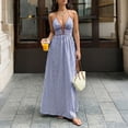 thumbnail image 4 of Women's Beach Dress Striped Halter V-Neck Maxi Sundress Tunic Open Back Vacation Summer Dress Blue M, 4 of 8