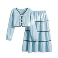thumbnail image 4 of ZACPNCV Girls Elegant 2 Piece Skirt Set Long Sleeve V Neck Bow Front Top and Tiered Long Skirt Set Casual Spring Girls Suit 7-8Years Sky Blue, 4 of 9