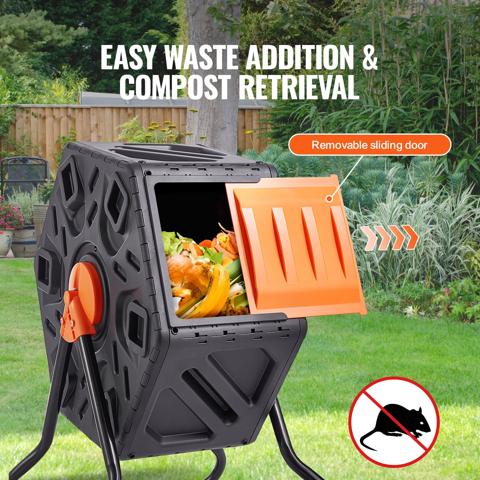 KFFKFF Compost Bin ,18.5 Gal Composter Tumbler Rotating with Sliding Door,BPA-Free Material Composting Tumbler，Black+Orange