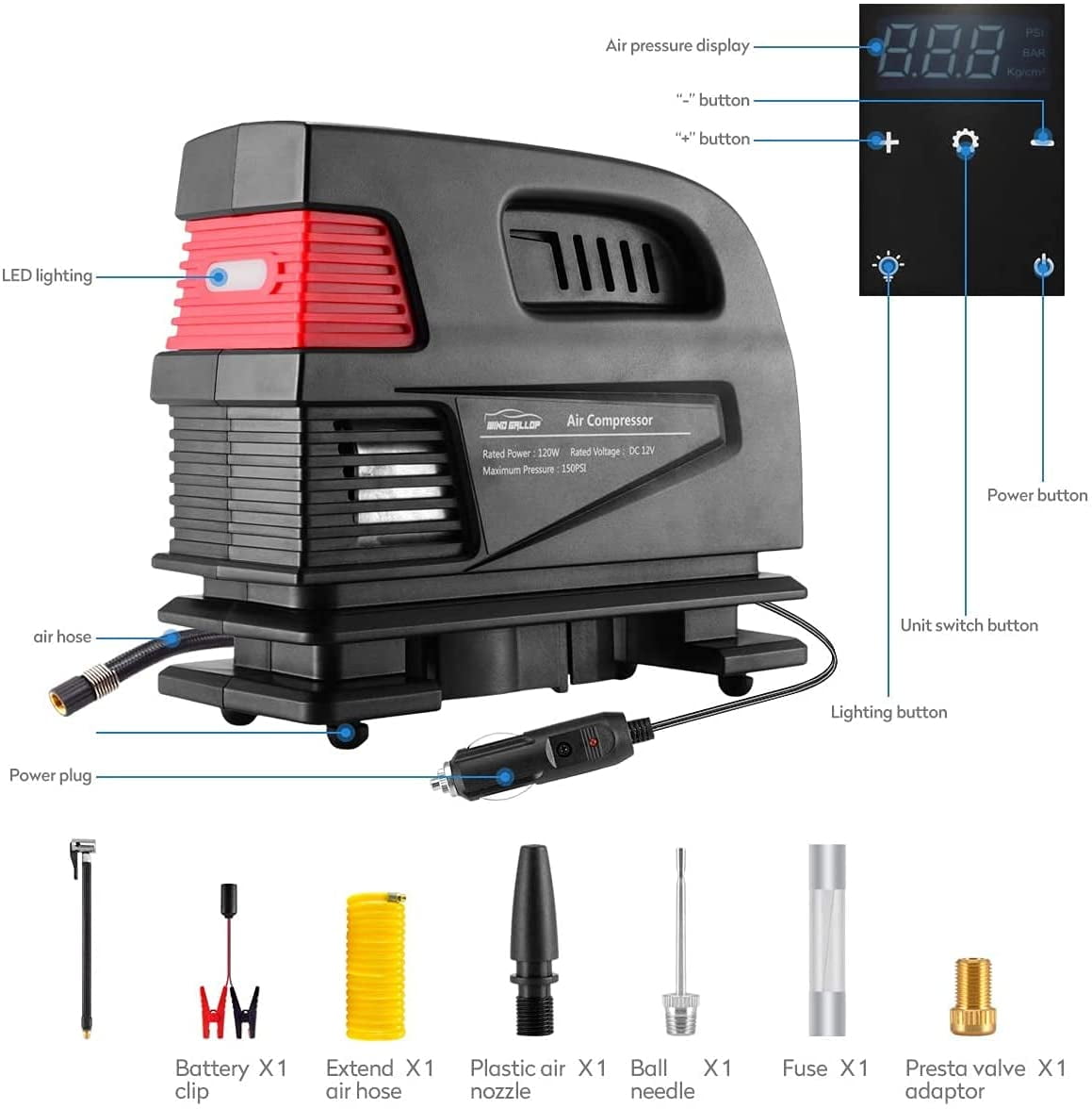 WindGallop Digital Tire Inflator Portable Air Compressor for Car Tires 12V DC Tire Pump Heavy Duty Touchscreen Car Air Pump for Car Bike Tires with Tire Pressure Gauge, Extra Air Hose, Battery Clamps