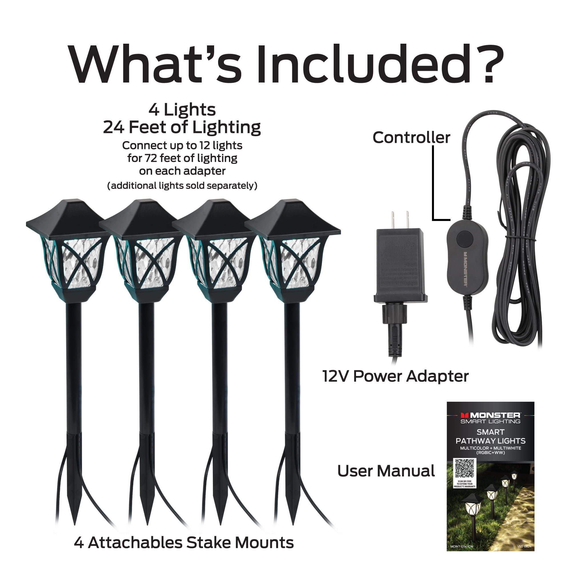 Monster Pathway Lights Outdoor Smart 4-Pack, Multiwhite Landscape Lights, Wi-Fi App & Voice Control, Weather-Resistant, 24ft Corded