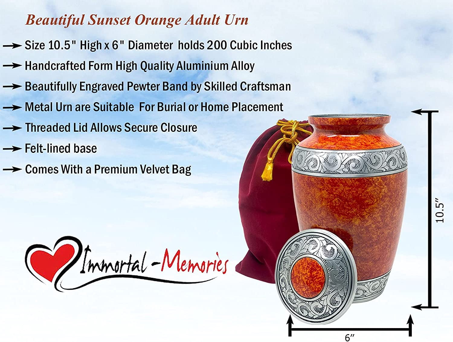 Elegant Hand-Engraved Orange Cremation Urn for Human Ashes | Large Capacity Metal Funeral Urn (200 lbs) | Decorative Silver Band Memorial