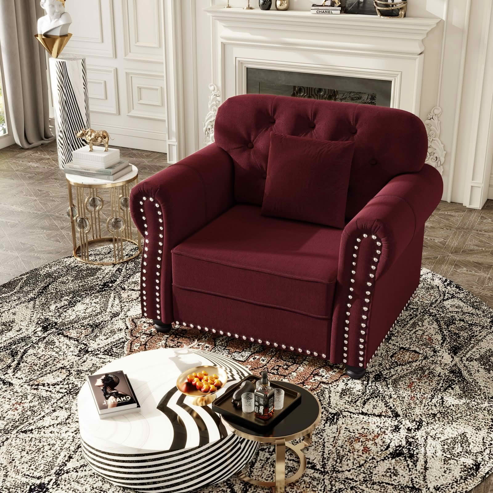 MAYEERTY Velvet Chesterfield Single Seat Sofa, Mid‑Century Modern Couch with Button Tufting, Nailhead Trim and Rolled Armrests, Includes 1 Pillow for Home Living Room