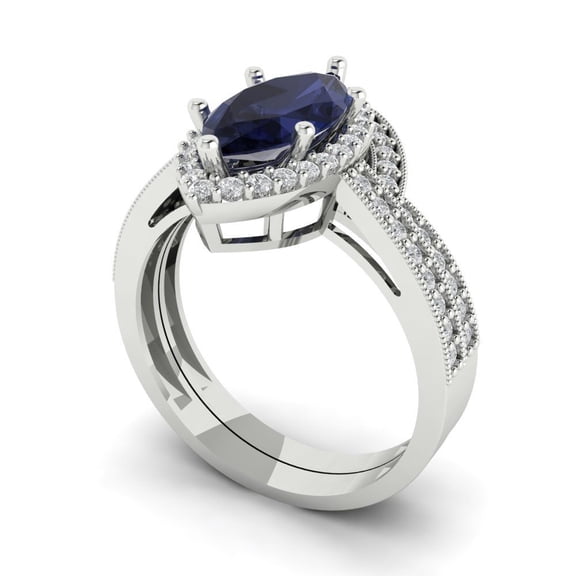 Clara Pucci 18K White Gold 2.4875 Simulated Blue Sapphire Engraveable Engagement Ring Wedding Band Set