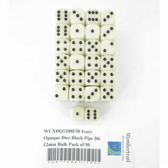 Ivory Opaque Dice with Black Pips D6 12mm (1/2in) Bulk Pack of 50 Wondertrail