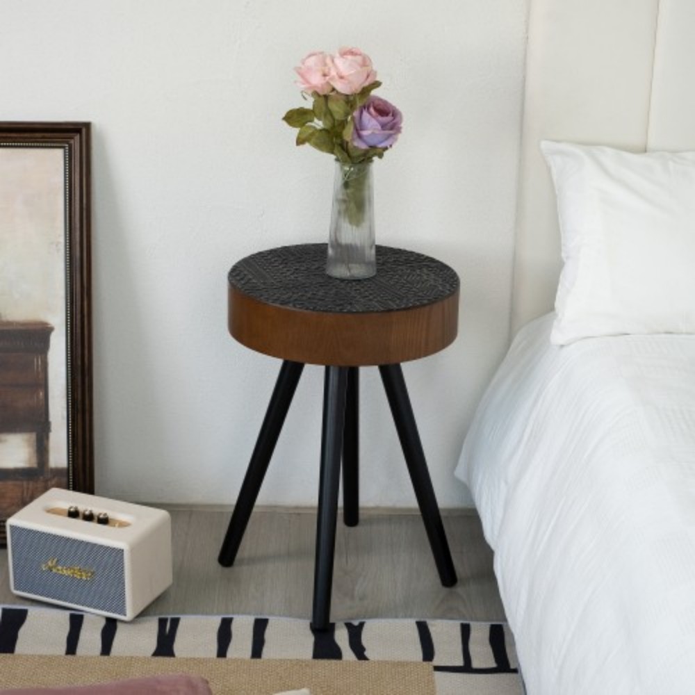 15.7" Round Drink Table, Small Wooden Side Table with Solid Wood Legs, Mid-Century Modern Accent Table for Living Room, Bedroom, Sofa, Black & Brown