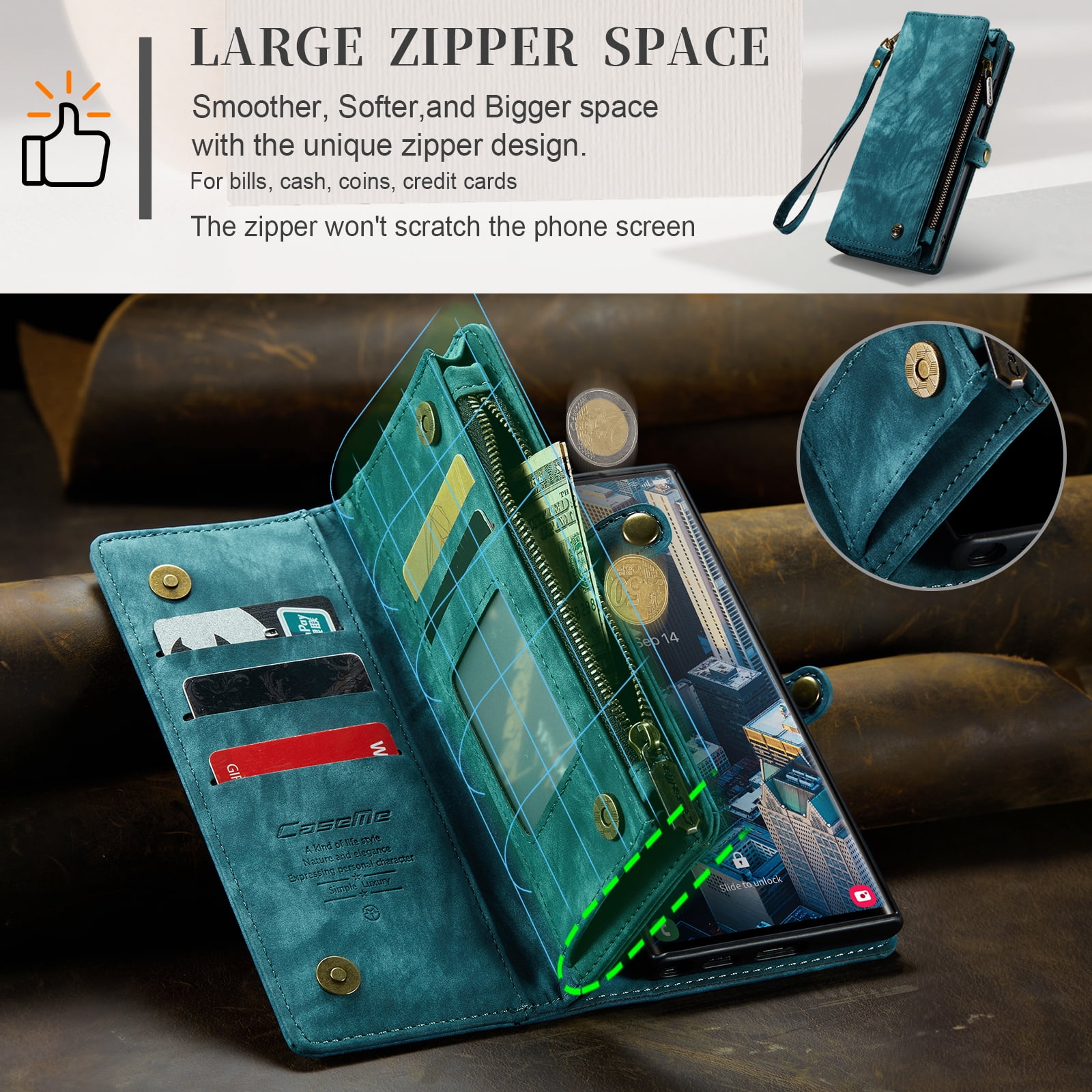 For Samsung Galaxy S25 Ultra Wallet Case,Multi-Functional Retro Leather Purse Flip Cover Zipper Wallet Case with Removable Card Slots Pocket & Detachable Wrist Strap Magnetic Phone Case, Green