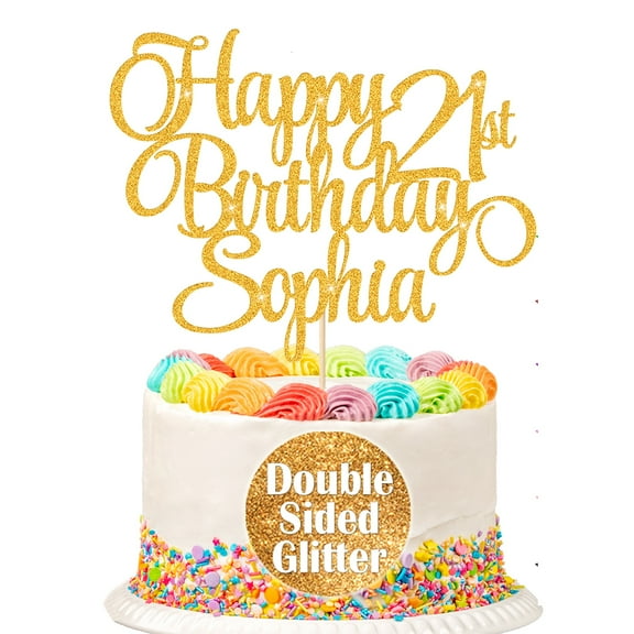 Custom Happy Birthday Cake Topper, Personalized Any Name Any Age, Double Sided Gold Glitter, Birthday Party Cake Decoration