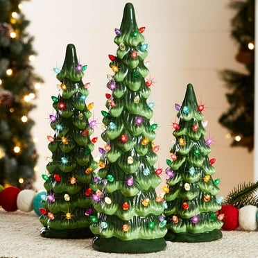 Set of 1 Pre-Lit Ceramic Tabletop Christmas Trees Decoration, Christmas Decoration Pre-Lit Hand-Painted Christmas Ornament Tabletop Holiday Decoration/Multicolor Bulbs, LED Lights – Green