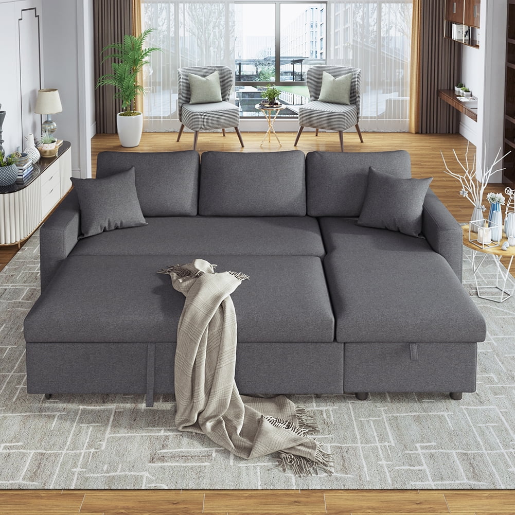 Lowestbest L-Shaped Sofa Bed, Upholstery Reversible Sleeper Sectional Sofa with Storage Space and 2 Tossing Cushions Lowestbest L-Shaped Sofa Bed, Upholstery Reversible Sleeper Sectional Sofa with Storage Space and 2 Tossing Cushions
