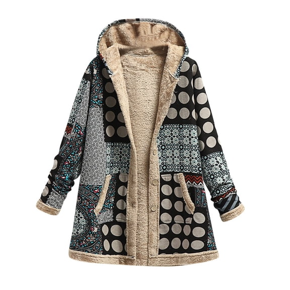 DHFJKG Winter Coats For Women Fuzzy Lining Boho Retro Print Mediun Length Hooded Coat With Pockets Warm Stylish Outerwear