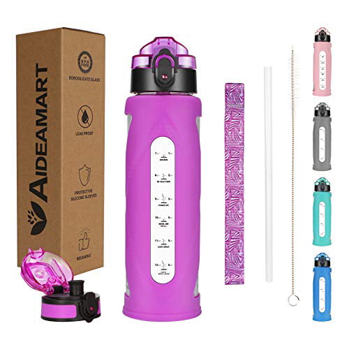 BPA Free AIDEAMART Glass Water Bottle- 17oz,2 Lids Pink Sleeve Straw Lid and Flip Lid Motivational Water Bottles with Time Marker Reminder and Silicone Sleeve One Click Open Leakproof