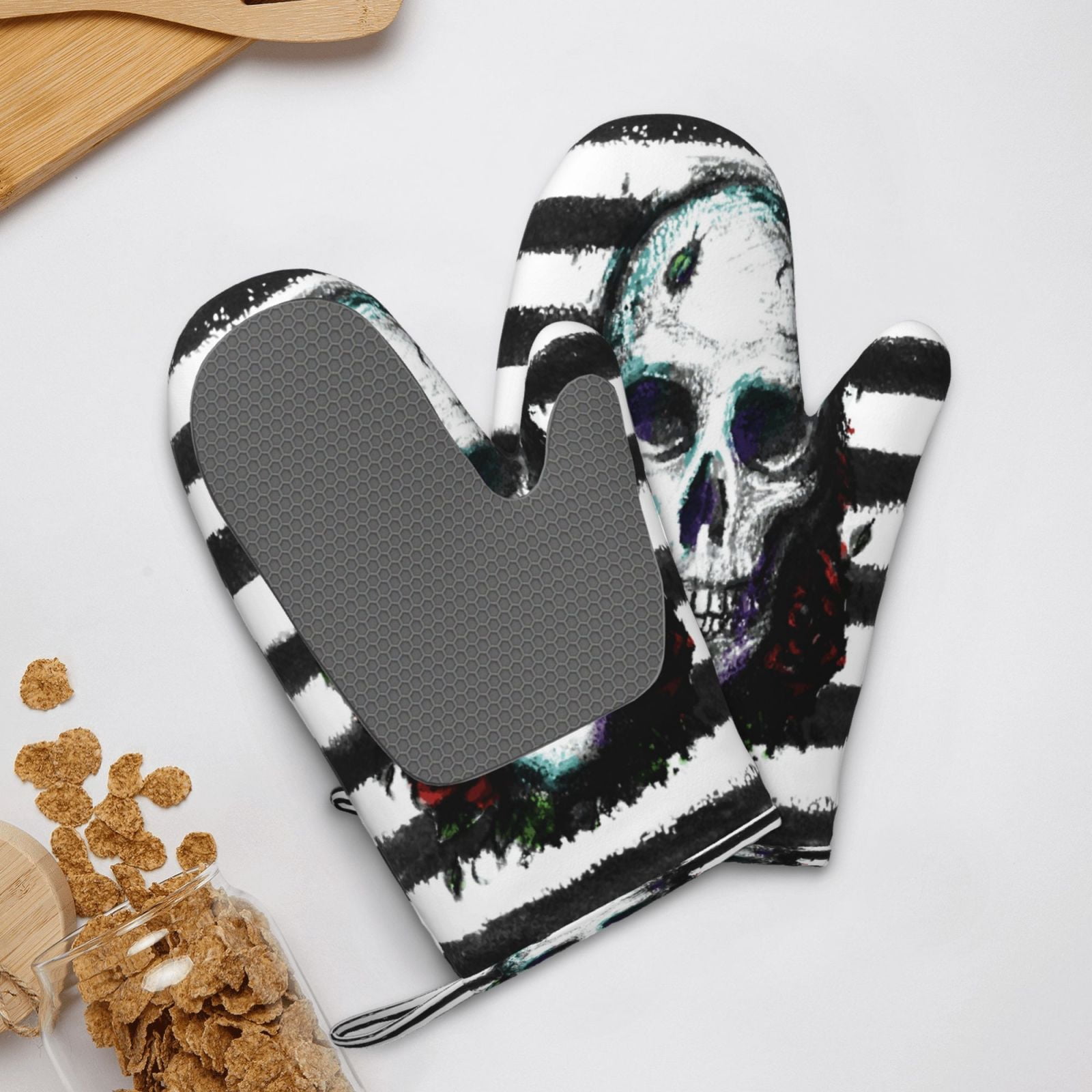 Hirioo Watercolor Skull for Silicone Oven Mitts for BBQ, Baking, Cooking, Set of 2, Heat Resistant 260℃, Non-Slip Kitchen Essentials