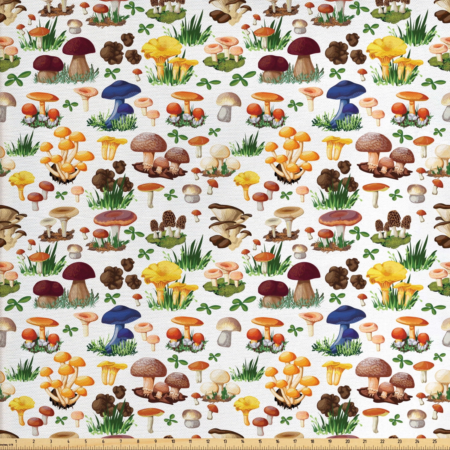 Mushroom Fabric by The Yard, Pattern with Types of Mushrooms Wild