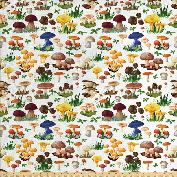 Mushroom Fabric by the Yard Upholstery, Pattern Types of Mushrooms Wild
