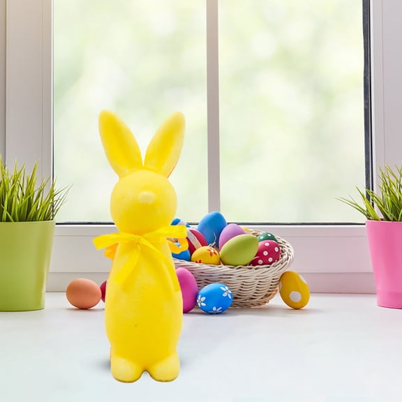 Yellow Flocked Easter Bunny Statue with Bow - Standing High-End Simulated Flocked Rabbit, Soft Flocked Texture, Cute Bow Accent, Easter Decor, Perfect for Home, Garden & Courtyard Decoration, 1pc