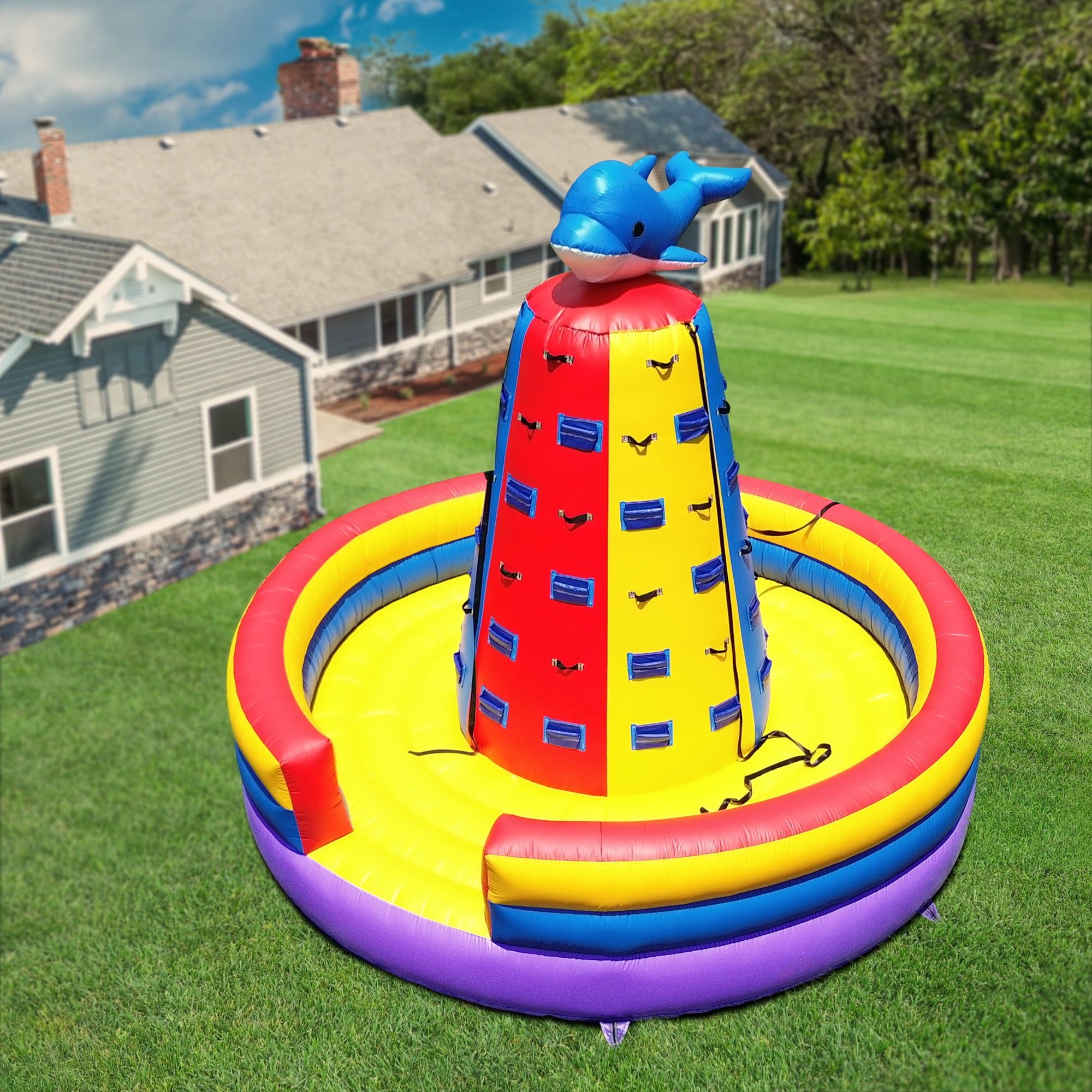 Relunch 14.8X11.8FT Inflatable Dolphin Rock Climbing Wall Tower for Kids with 1100W Blower – Commercial PVC Outdoor Adventure Game with Safety Ropes & Harnesses