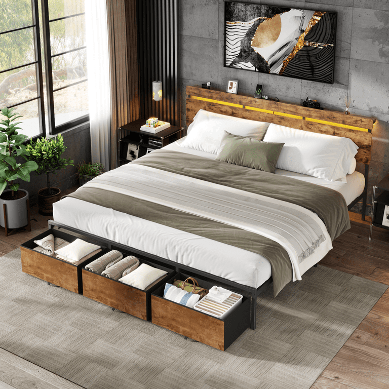 Satifur King Bed Frame with Storage Drawers, LED Lights & Charging photo 3