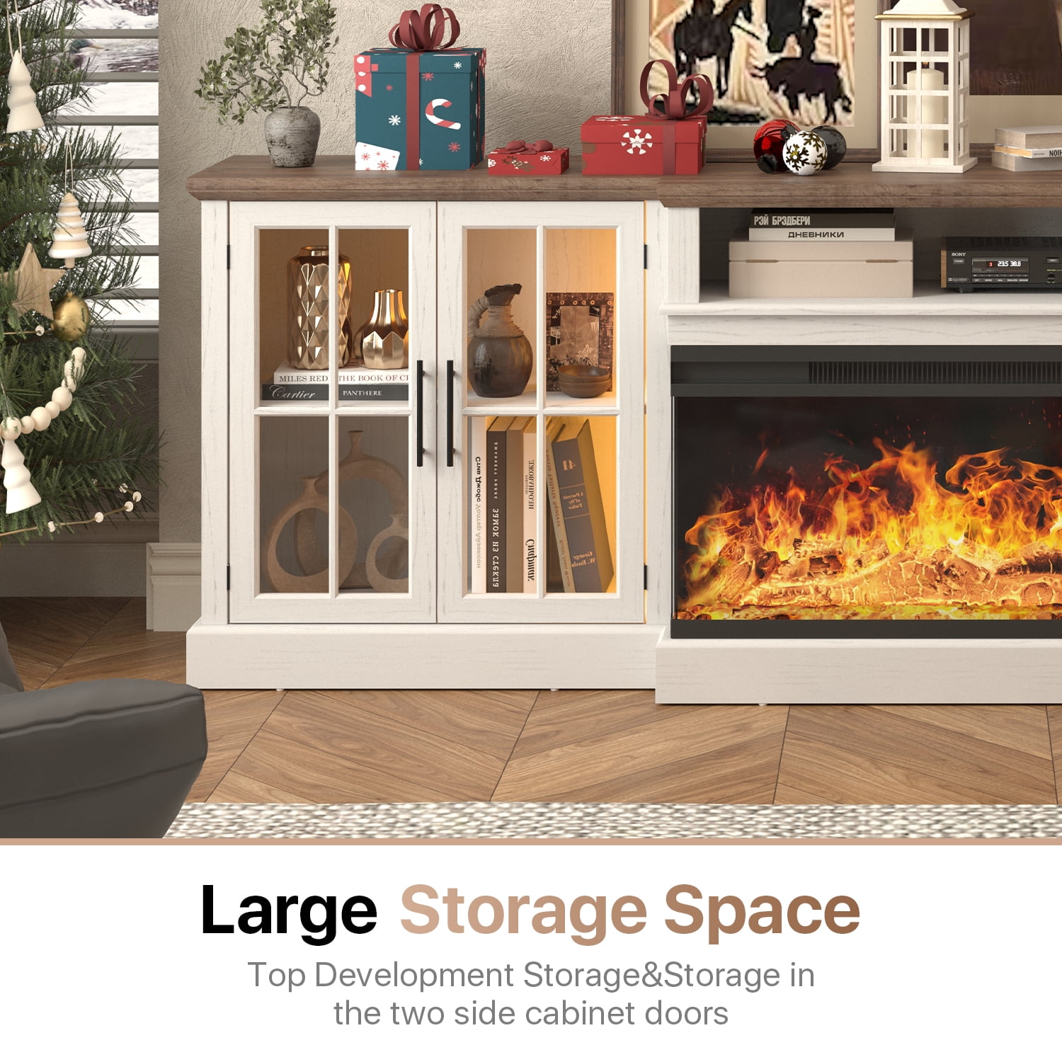 Sonegra 98" Farmhouse TV Stand with Fireplace for TVs up to 100", Media Entertainment Center with Adjustable Shelves and Large Storage Cabinets, for Living Room, White