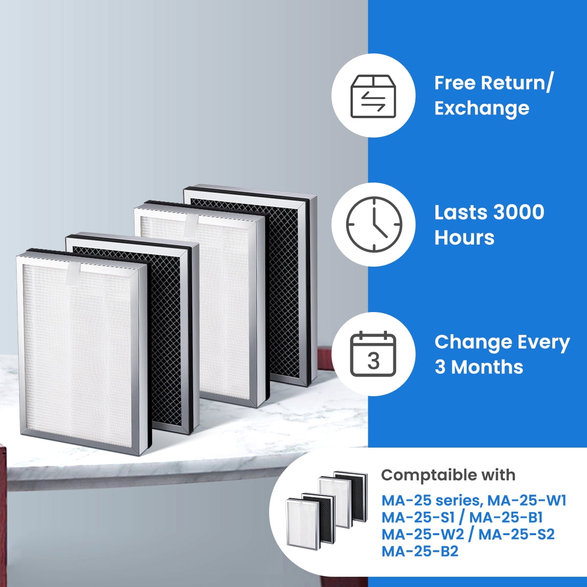 Brightify 4 Packs Replacements for Medify MA 25 Filter, True HEPA Air Filters Fit Medify MA-25 Air Purifier, 3 in 1 Integration Pre-filter, H13 HEPA, Activated Carbon Replacement for MA-25 Filter