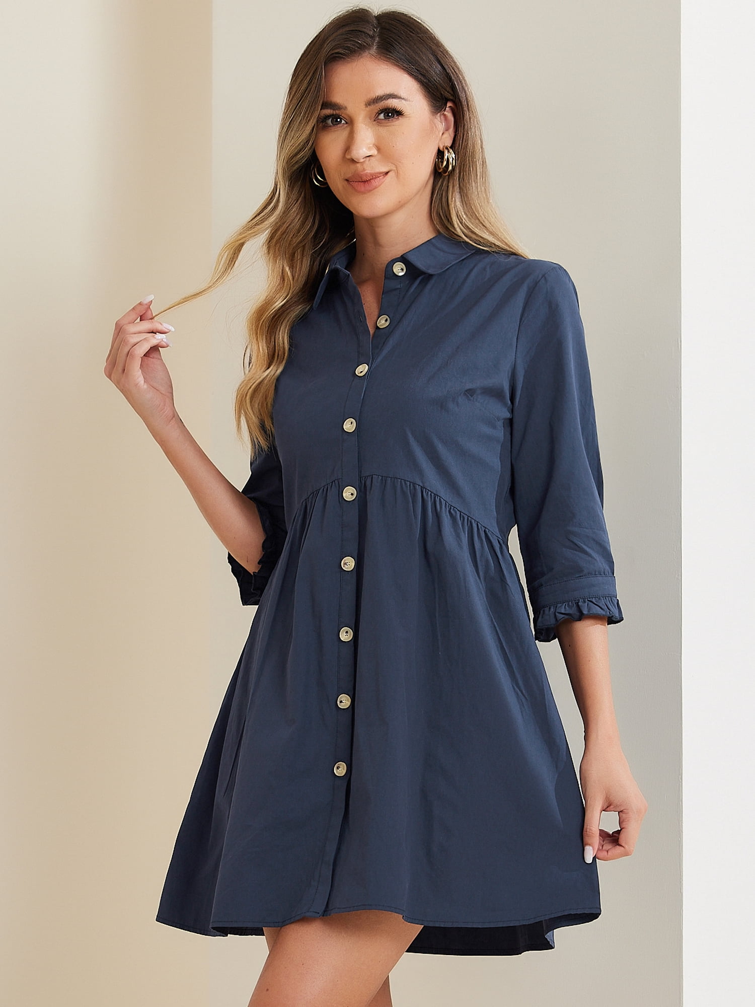 DARING DIVA Elegant Collar Flare 3/4 Sleeve Button Mini Shirt Dress M Navy Blue