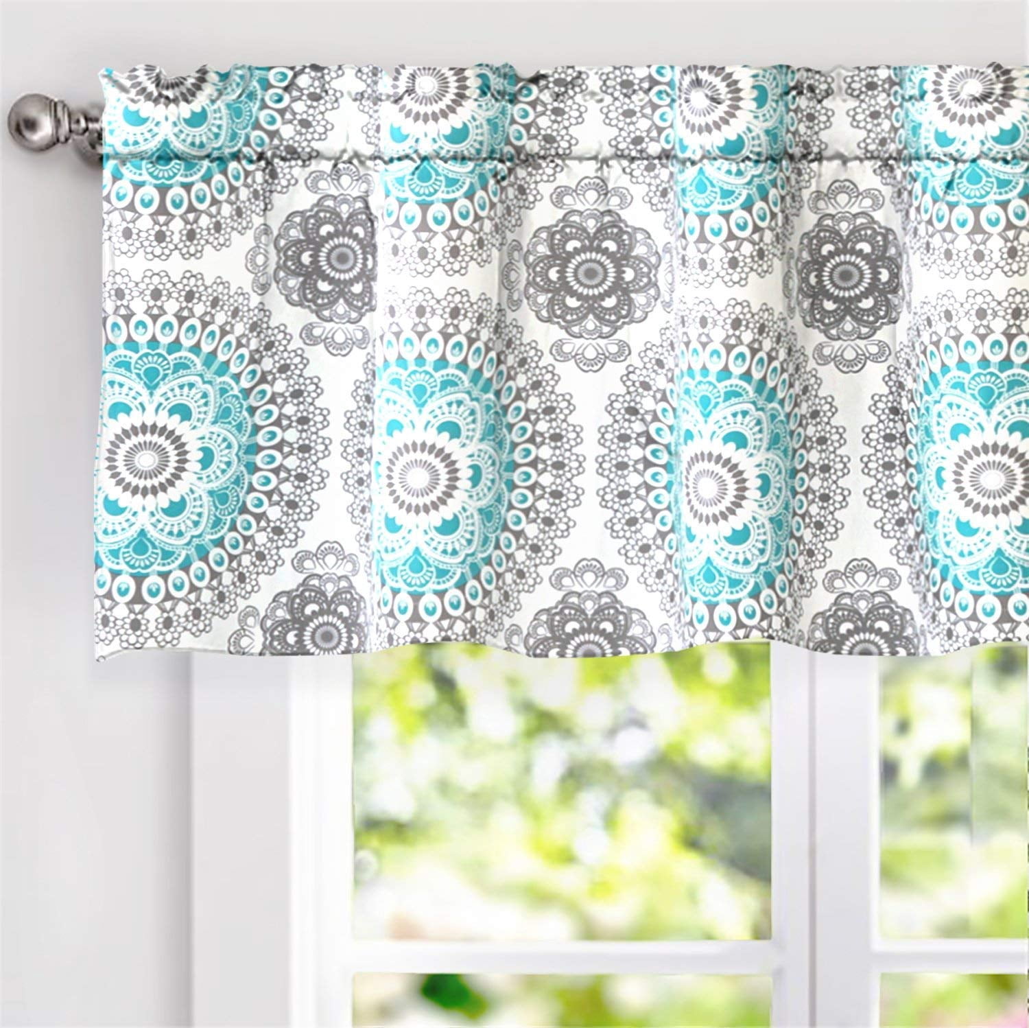 DriftAway Bella Medallion Pattern Room Darkening Rod Pocket Window Curtain Valance 52 Inch by 18 Inch Aqua and Gray