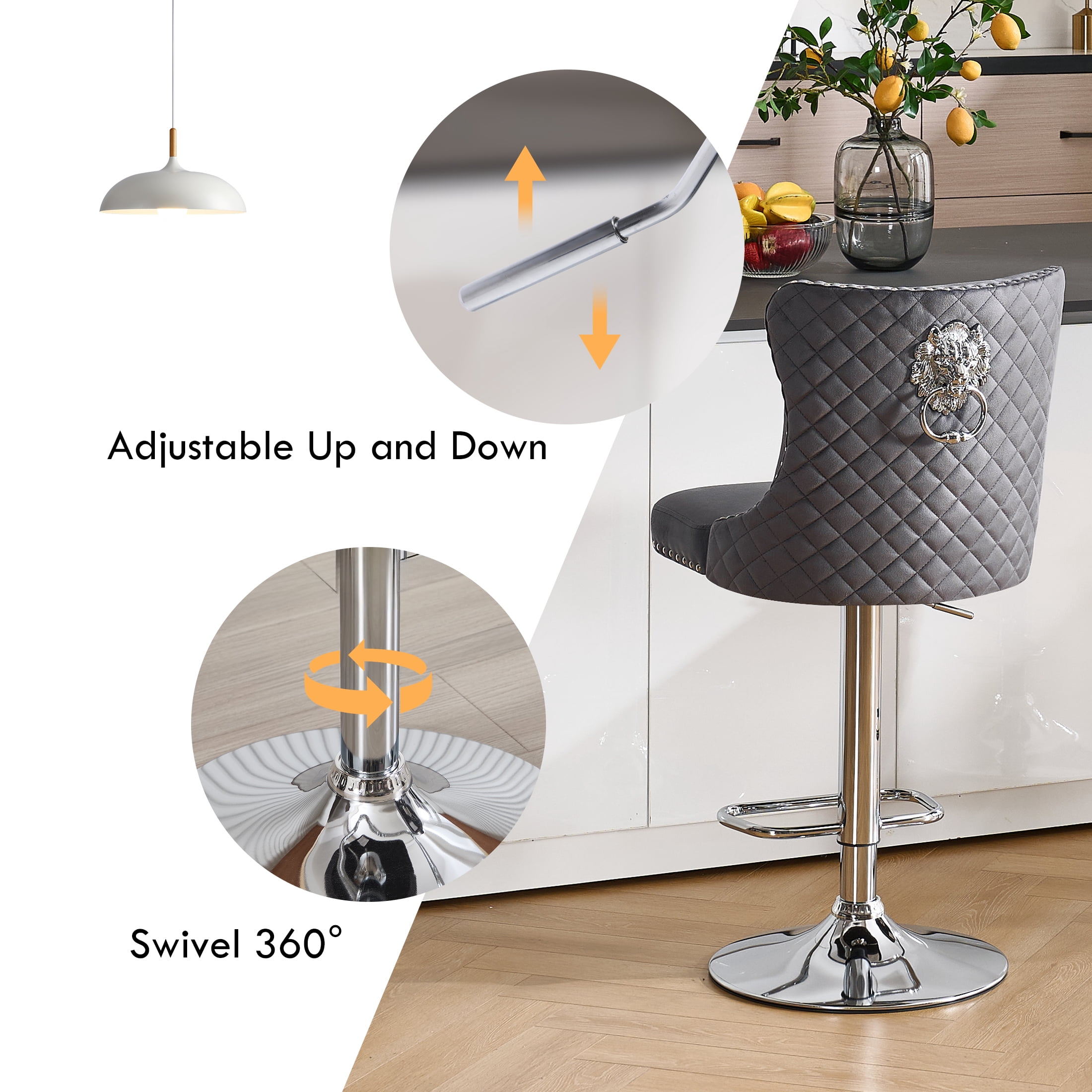 Velvet Bar Stools Set of 4 Modern Counter Height Bar Stools with Lion Pull Ring Tufted High Back, Nailhead Upholstered Barstools for Home Kitchen, Swivel Adjustable Stool Chair in Dark Grey
