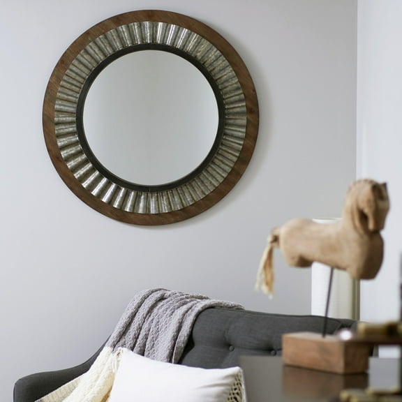 Household Essentials Wood Framed Sunburst Metal Round Wall Mirror
