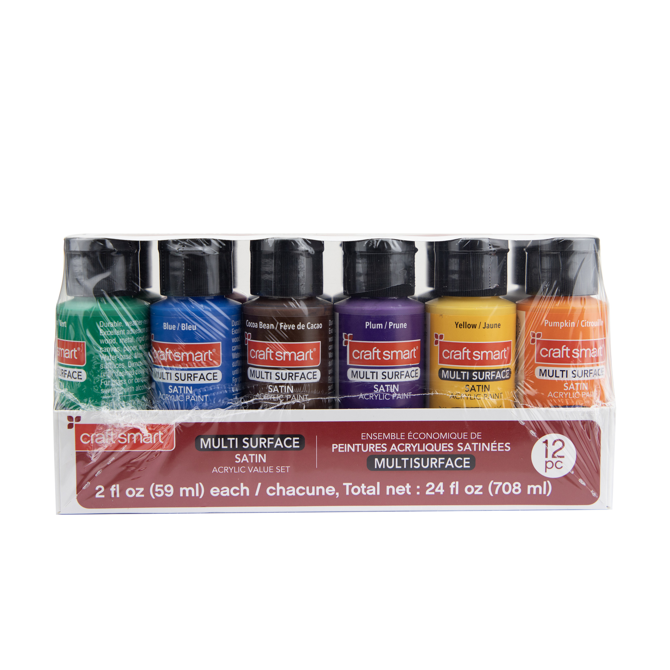 Craft Smart Basic Colors Premium Satin Acrylic Paint Set - Assorted Multi-Surface Colors, Bakeable for Dishwasher-Safe Finish, 6 Pack