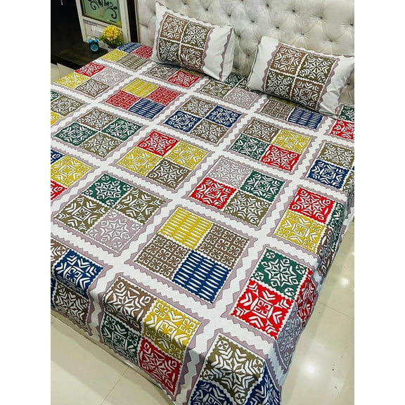 100% Cotton Abstract Design King Bedspread & Pillow Cover Set – Vibrant Multicolor Bedding for Holiday & Everyday Use(Yellow)